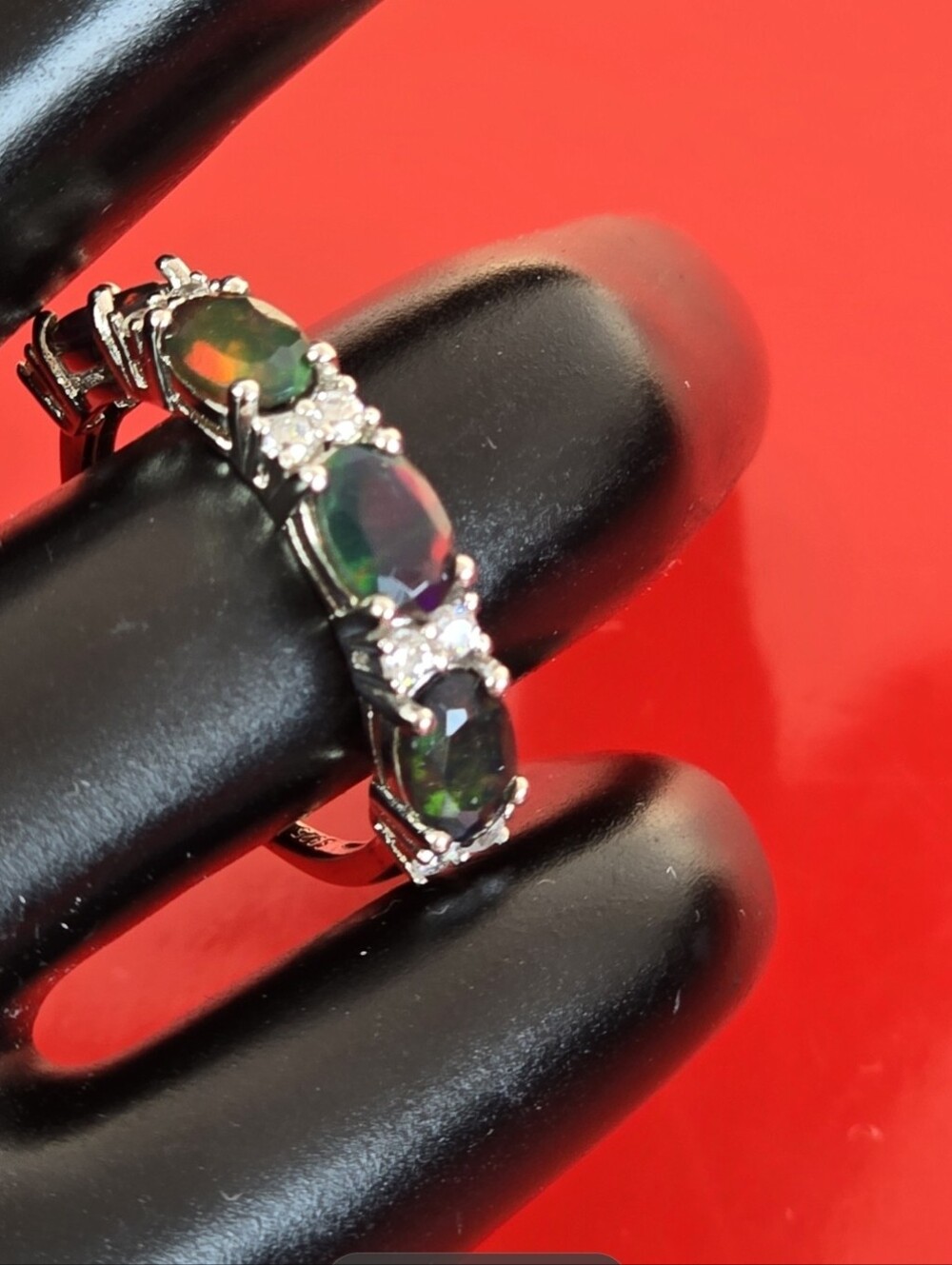 925 Sterling Silver Ring Sz 6.5  With Natural Blk Opals 4x6mm & CZ